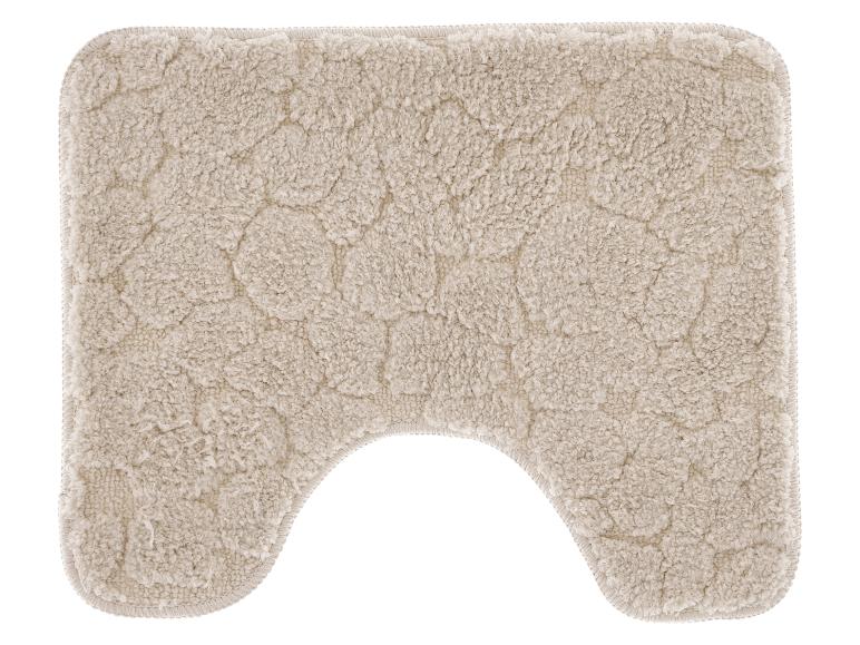 Tapis de bain beige avec découpe pour toilettes et motif texturé