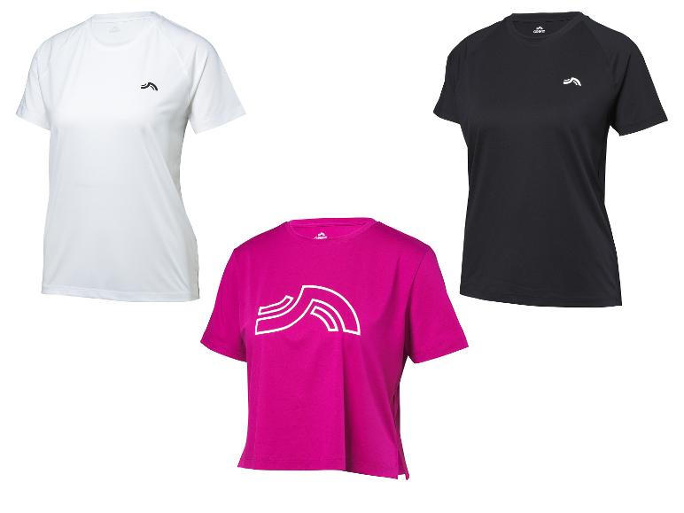 Trois t-shirts de sport Crivit en blanc, noir et fuchsia.