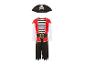 Un costume de pirate avec une veste rouge, un haut rayé, un pantalon noir et un chapeau noir avec un crâne et des os croisés.
