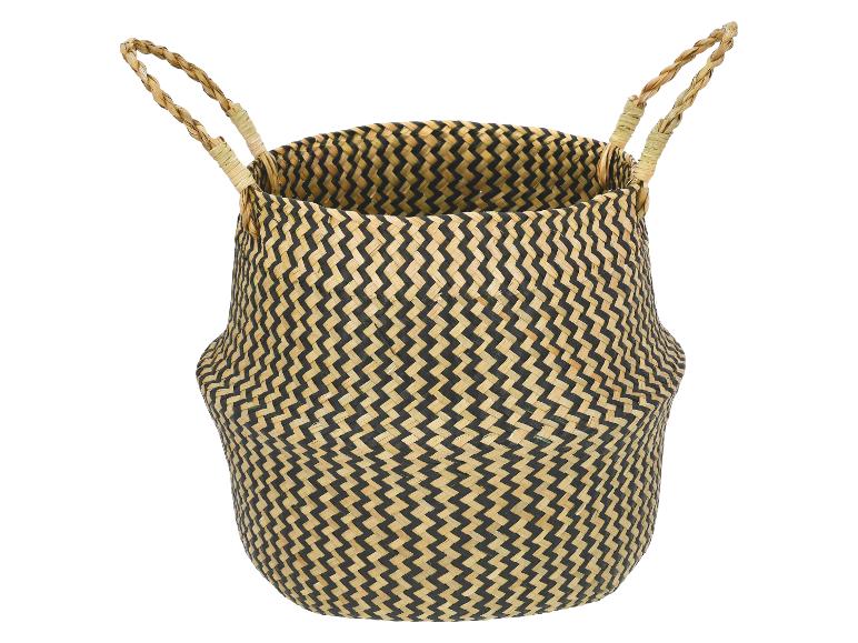 Panier tressé avec motif zigzag noir et beige et poignées