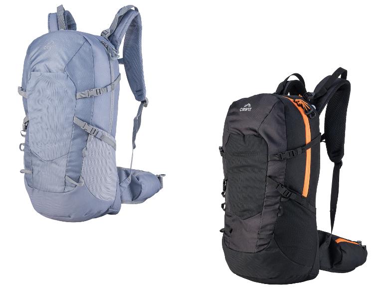 Deux sacs à dos Crivit, un gris-bleu et un noir avec des accents orange.