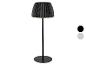 Lampe de table plissée noire avec base ronde, présentée avec des options de couleur.