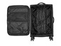 Une valise noire Topmove ouverte avec des roulettes.