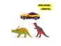 Voiture jouet jaune et deux figurines de dinosaures, un Triceratops vert et un T-Rex rouge.