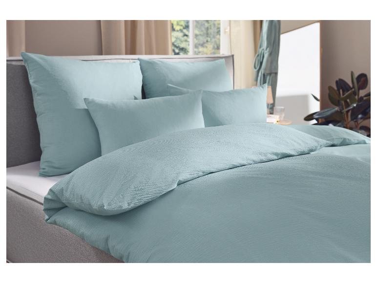 Parure de lit et oreillers bleu clair dans une chambre avec fenêtre et plante.