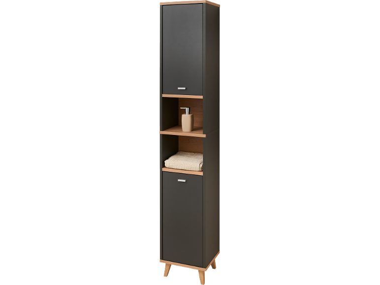 Meuble de salle de bain haut gris foncé avec accents en bois, doté de deux portes fermées et de deux étagères ouvertes.