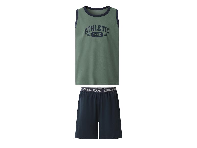 Ensemble de pyjama homme vert et bleu marine avec débardeur et short, avec le mot 'ATHLETIC' et l'année '1986'.