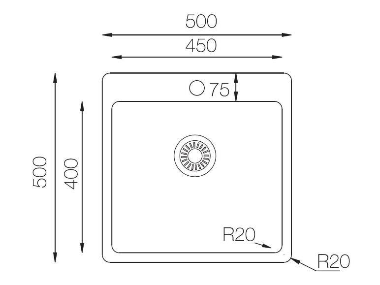 Dessin technique d'un évier avec des dimensions de 500x500 mm et une cuve de 450x400 mm.