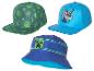 Casquettes Minecraft : modèle vert à motifs, bleu avec Steve, et bob bleu avec Creeper.
