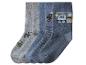 Chaussettes pour enfants avec motifs de véhicules et rayures, dans des tons gris et bleus.