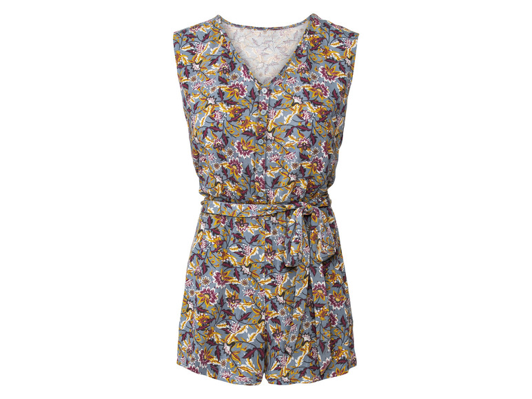 Une combinaison bleue à imprimé floral et ceinture.