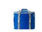 Sac isotherme bleu avec sangles grises pour le transport de nourriture et boissons.