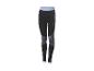 Legging de sport noir avec taille bleu clair et empiècements gris à motifs.