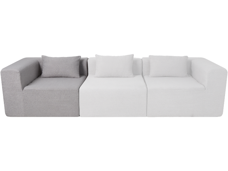 Canapé modulaire trois places avec coussins, un module gris et deux blancs.