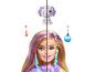 Poupée Barbie avec des cheveux violets et blonds, un chiot rose et des thermomètres avec un soleil et un flocon de neige.