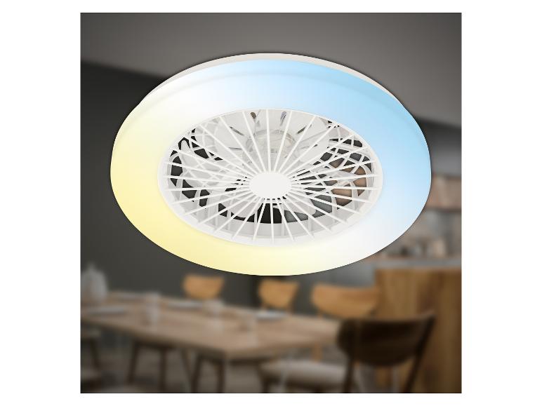 Ventilateur de plafond blanc avec lumière LED, avec un fond flou de salle à manger.