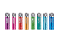 Huit piles AAA rechargeables colorées, chacune de 1000mAh, alignées en rangée.