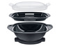 Une casserole vapeur noire avec un couvercle et un insert avec une grille.