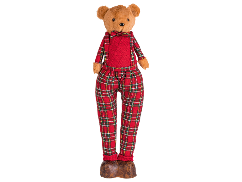 Ours en peluche avec pull rouge et pantalon à carreaux