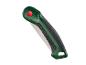 Scie pliante de jardin verte et noire avec un bouton rouge