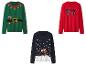 Trois pulls de Noël: un vert avec une ceinture d'elfe, un bleu foncé avec un chien et un rouge avec «MERRY XMAS».