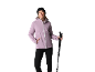 Femme en veste de sport lilas, bonnet noir et leggings, tenant des bâtons de marche.