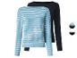 Deux hauts à manches longues pour femmes : un rayé turquoise et blanc, et un noir.