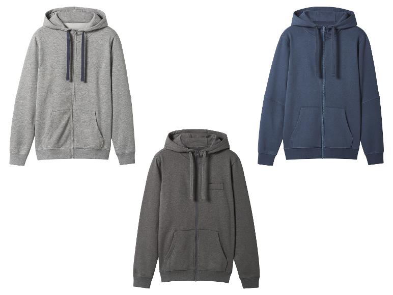 Trois sweats à capuche zippés en gris clair, gris foncé et bleu.
