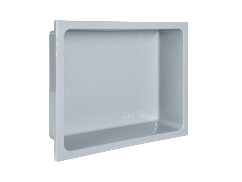 Étagère de douche Roba en plastique gris.