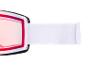 Gros plan de lunettes de ski avec une sangle blanche et un logo en relief.
