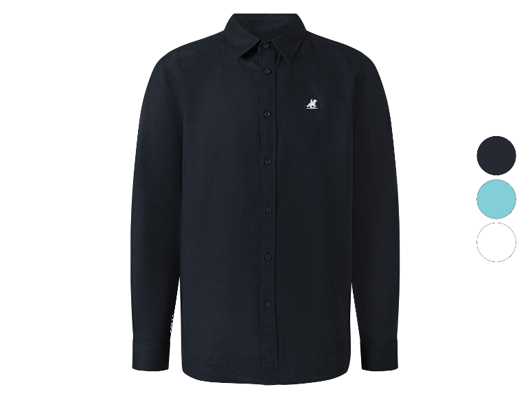 Une chemise bleu marine à manches longues avec un petit logo.