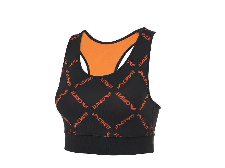 Brassière de sport noire avec motif logo orange et doublure intérieure orange.