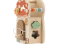 Jouet d'activités en bois en forme de maison champignon avec perles et fonctions interactives.