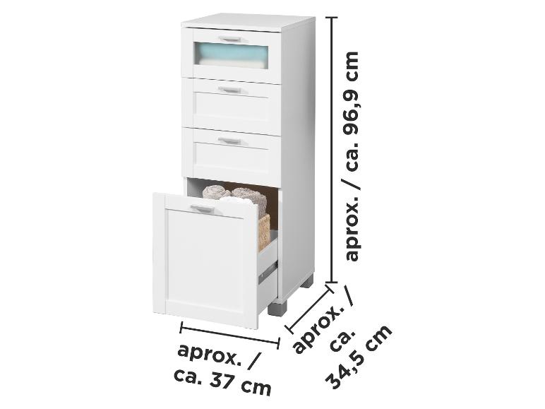 Meuble de salle de bain blanc avec tiroirs et panier à linge basculant, avec dimensions.