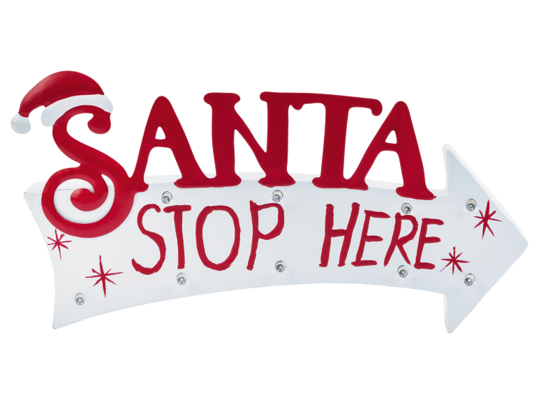 Panneau de Noël 'Santa Stop Here' avec bonnet de Père Noël et texte rouge sur une flèche blanche.