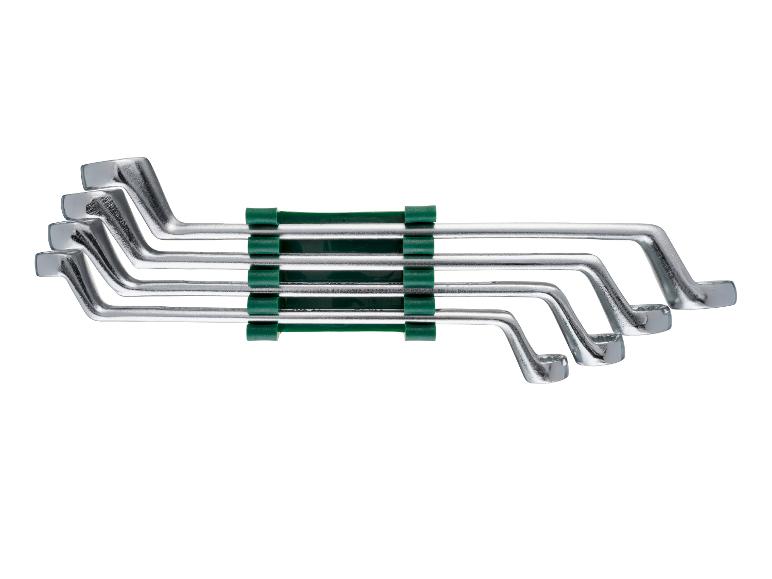 Jeu de clés polygonales coudées de différentes tailles, organisées avec des supports verts.