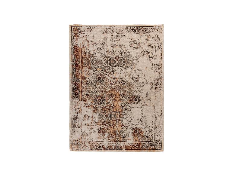 Tapis beige avec un motif brun foncé et orange.