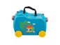 Une valise bleue à roulettes avec un motif Peppa Pig.