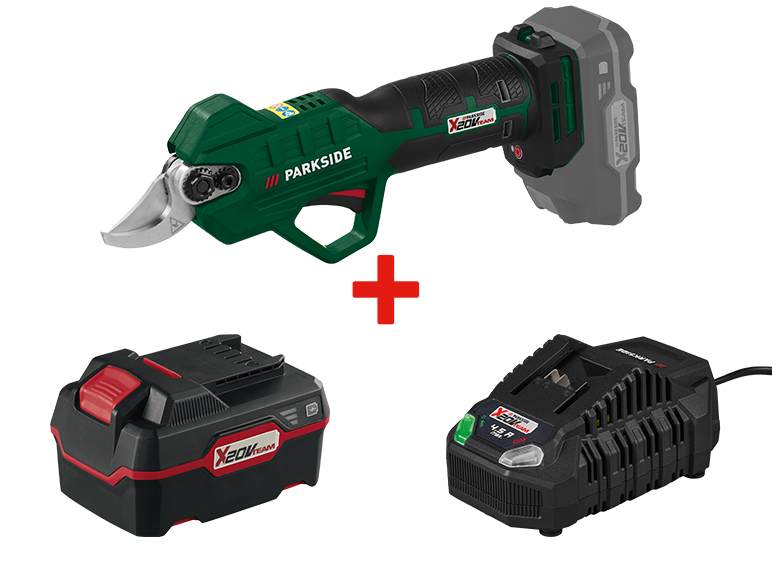 Sécateur électrique sans fil Parkside X 20V Team avec batterie et chargeur.
