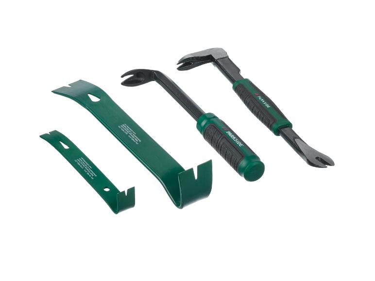 Trois outils Parkside : un arrache-clou et deux spatules.