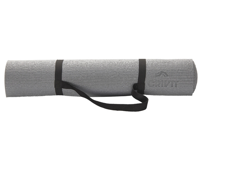 Un tapis de yoga gris avec une sangle et une marque