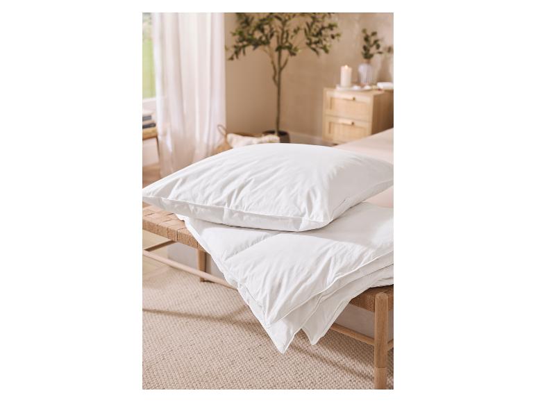 Couette LIVARNO home en plumes et duvet sur un banc en bois dans une chambre chaleureuse.
