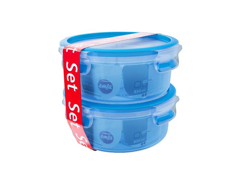Deux boîtes alimentaires rondes bleues avec une bande rouge 'Set' et une capacité de 850 ml.