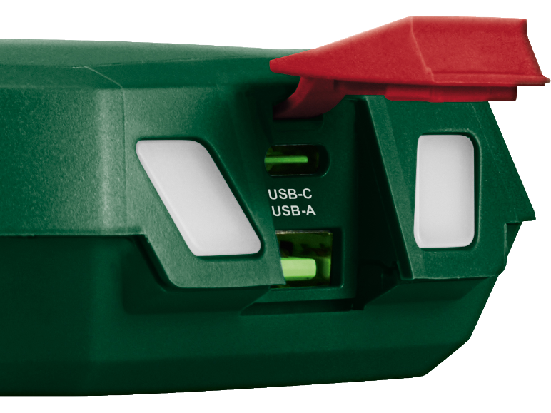 Batterie externe verte avec couvercle rouge et ports USB-C et USB-A.