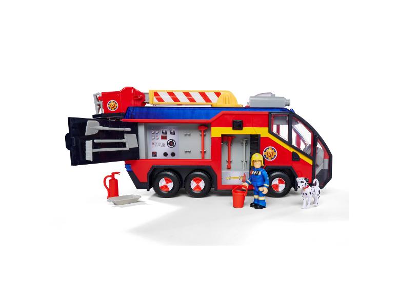 Camion de pompiers jouet Fireman Sam avec figurine et chien.