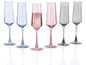 Six flûtes à champagne, deux bleues, deux roses et deux grises.