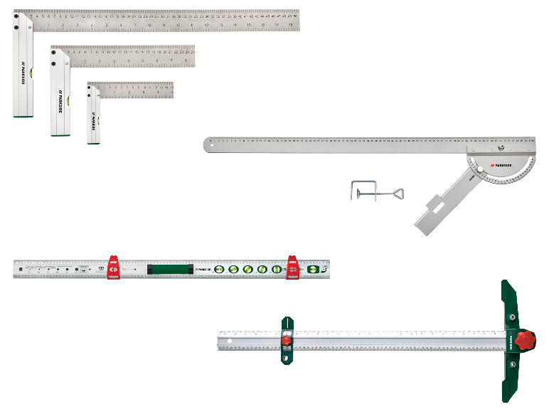 Ensemble d'outils de mesure Parkside avec équerres, règles et niveaux à bulle.