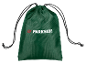 Sac vert à cordon avec un logo blanc et des rayures rouges sur fond noir