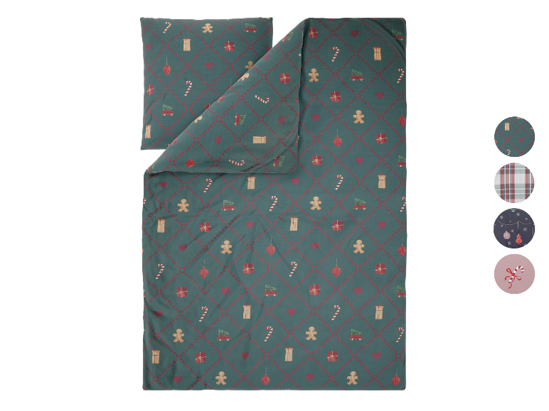 Parure de lit en satin microfibre LIVARNO® avec motif de Noël vert et rouge, incluant taie d'oreiller et housse de couette.
