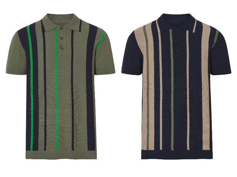 Deux polos à rayures, vert olive et marine, style rétro.